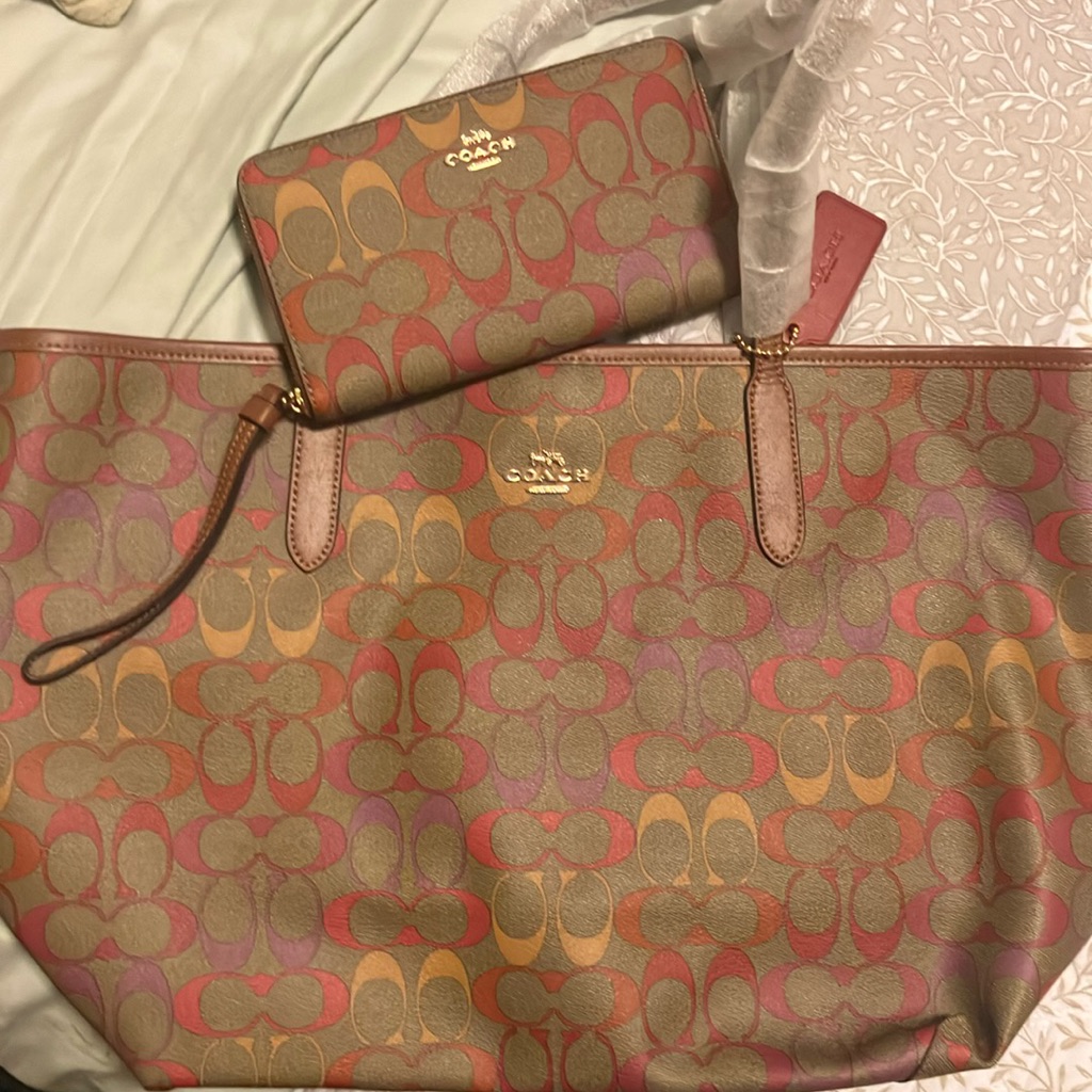 Nwt! Coach Signature, Rainbow, Tote, And Matching Accordion Wallet
